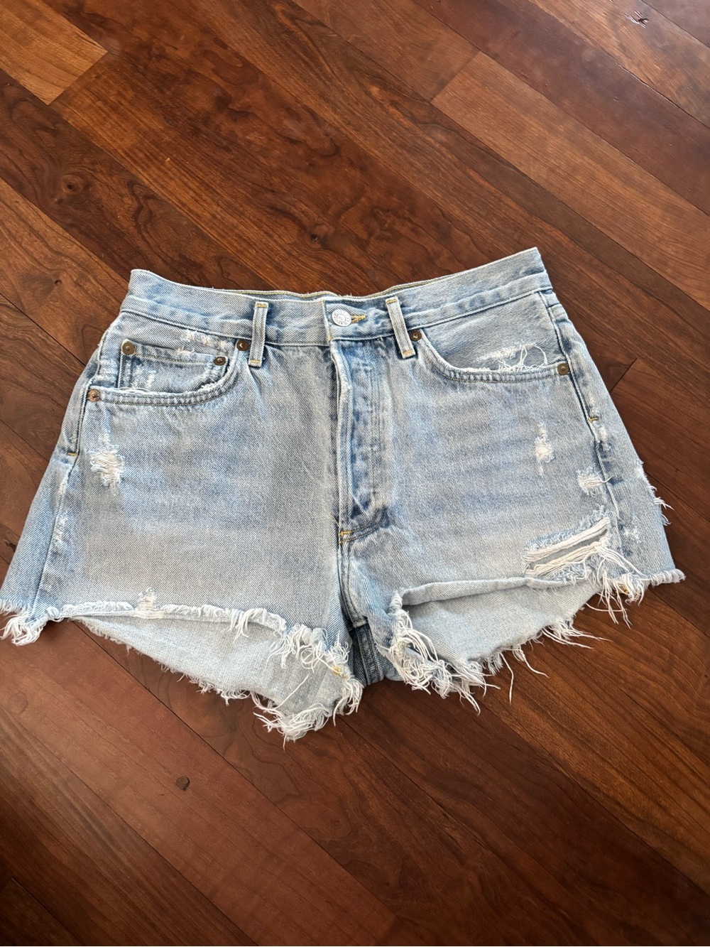 Agolde SZ 26 Parker Light Blue Distressed Denim Cutoff Shorts